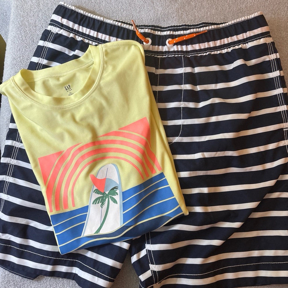 GAP Yellow Graphic Tee with Navy & White Stripe Swim Shorts